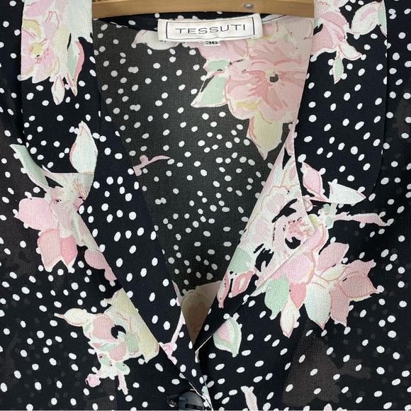 Vintage TESSUTI Floral Print Blouse short sleeve black pastels polka dots 90s - Picture 3 of 15